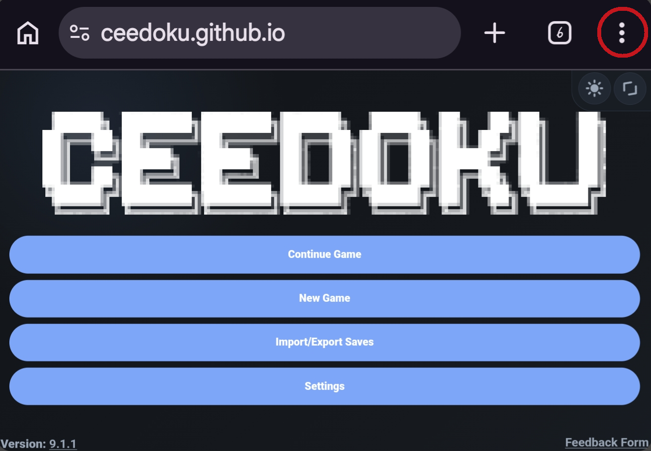 A browser with the Ceedoku website open and the menu button outlined