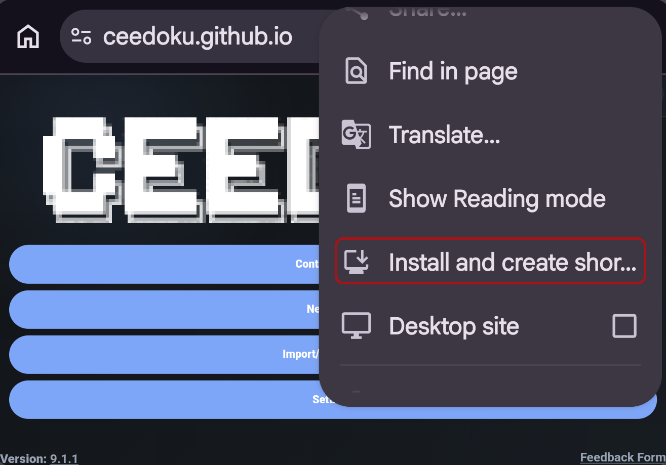 A browser with the Ceedoku website open and a popup menu open with the option 'Install/Add Shortcut' highlighted'