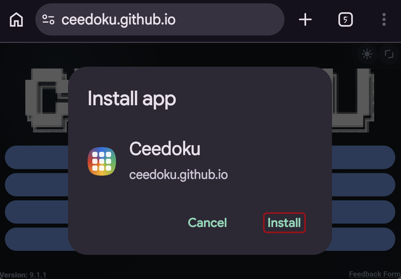 A browser with the Ceedoku website open and a popup visible with the 'Install' option outlined