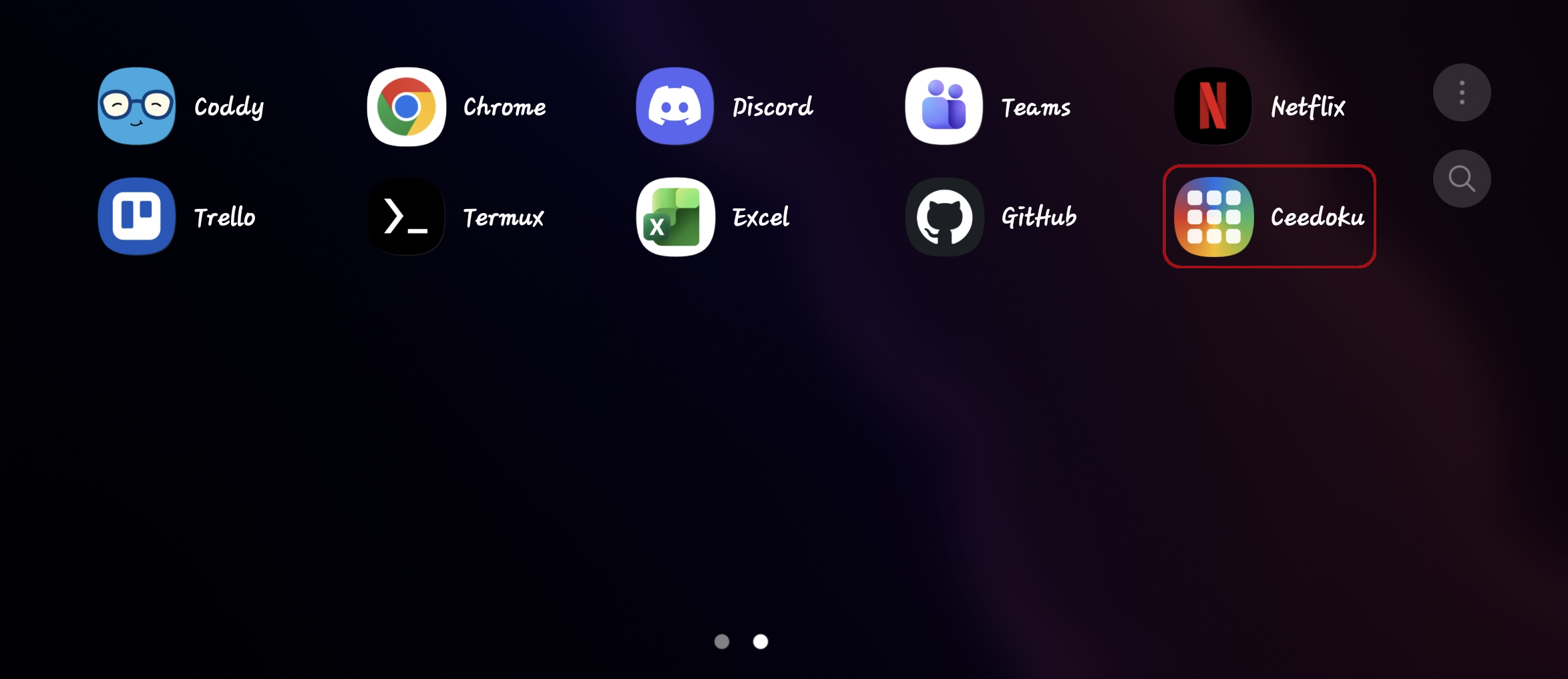 A android homescreen with the 'Ceedoku' app outlined